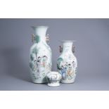 Two various Chinese famille rose vases and a jar with ladies in a garden, 19th/20th C.