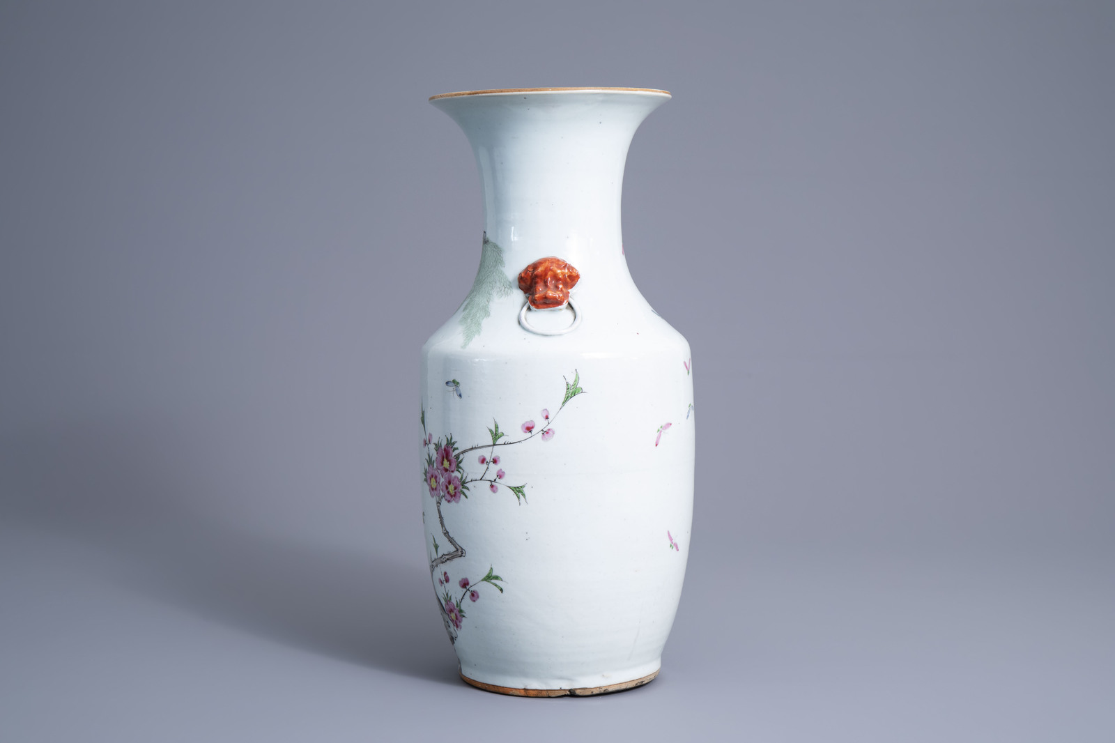 Three Chinese qianjiang cai vases with birds among blossoming branches and a Nanking crackle glazed - Image 5 of 15