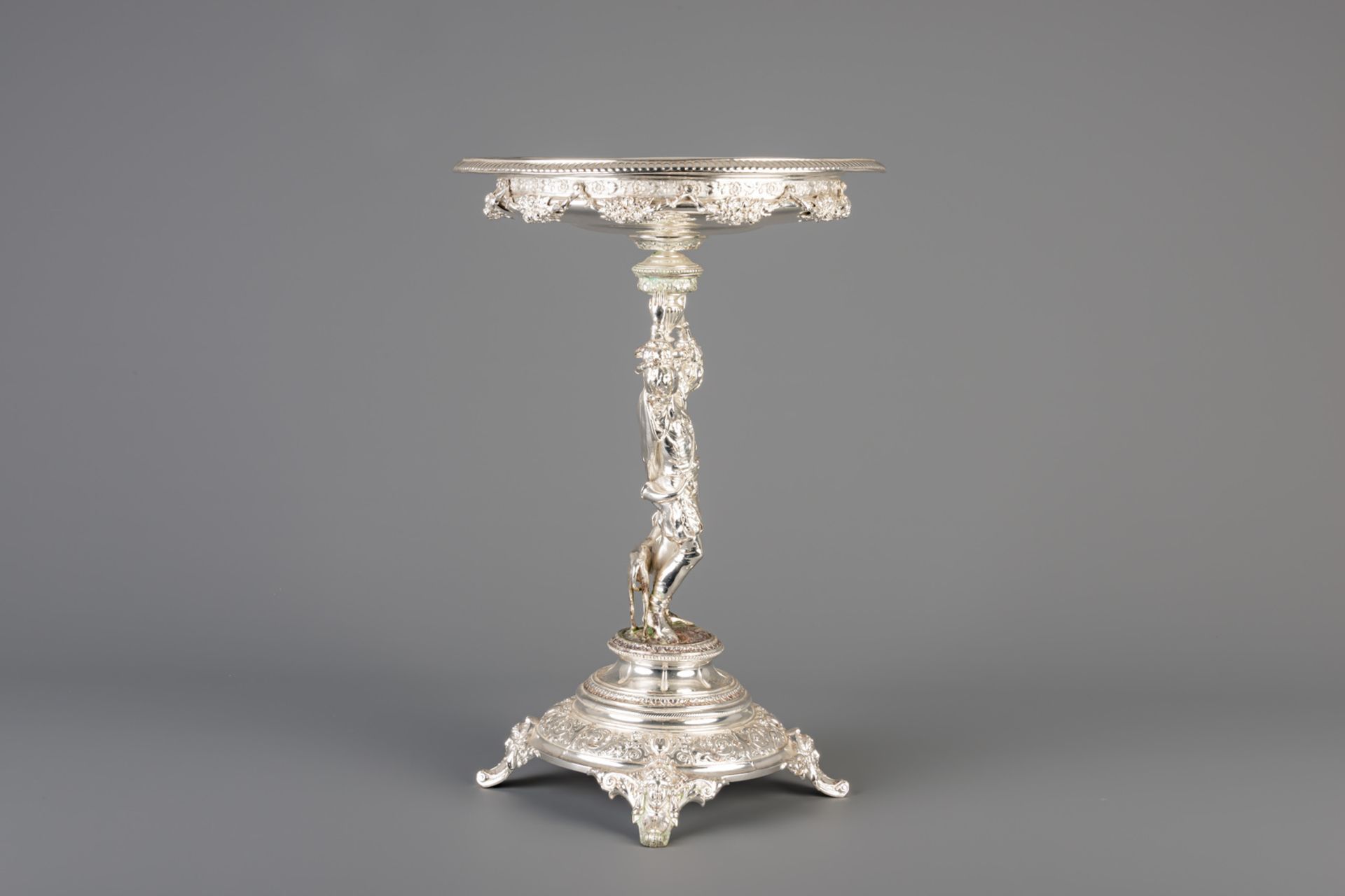 A German silver figural centerpiece with a nobleman and a greyhound during the hunt, 800/000, 19th C - Image 4 of 7