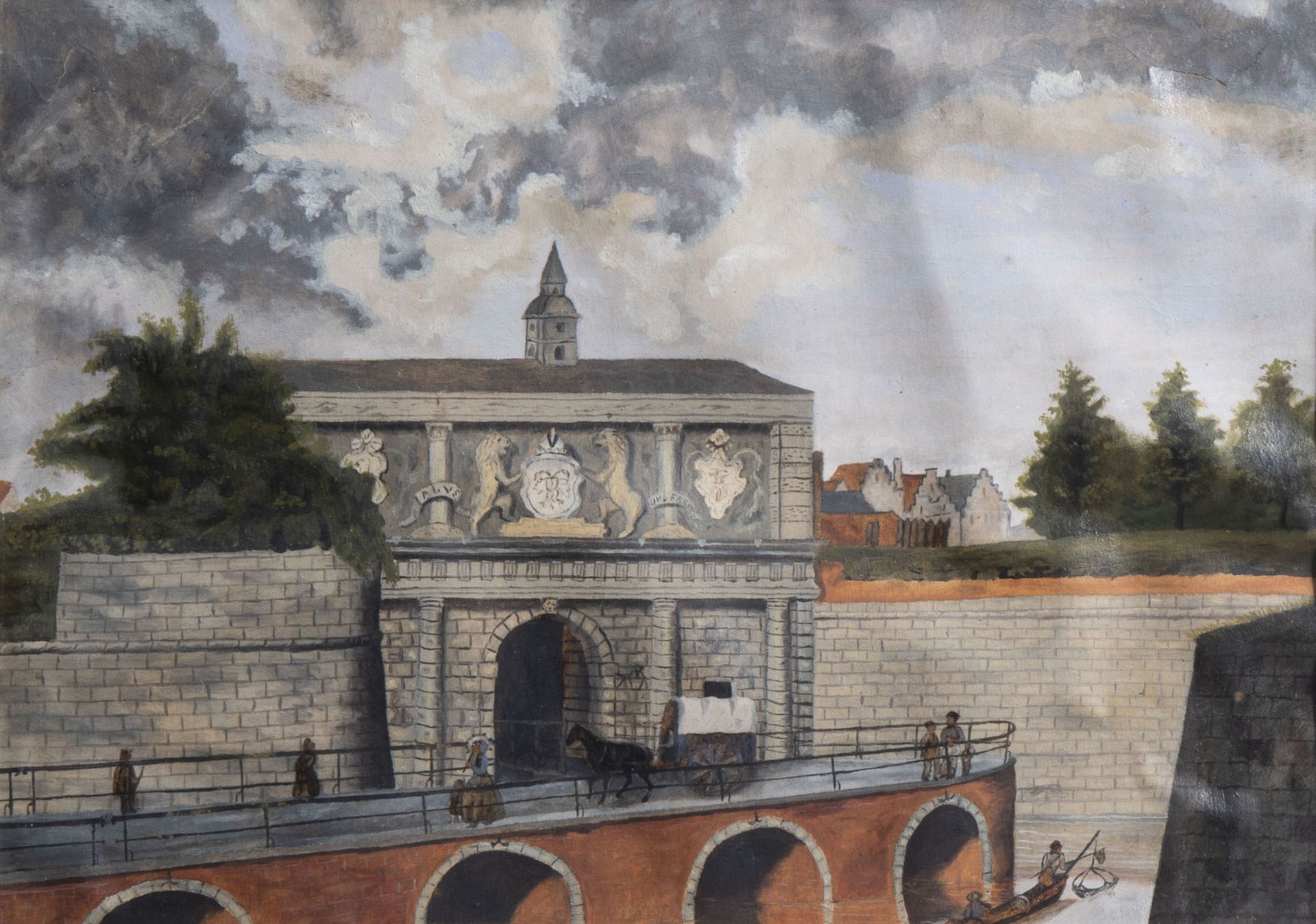 Belgian school: Two Antwerp city gates, mixed media on paper, first half of the 19th C. - Image 3 of 8