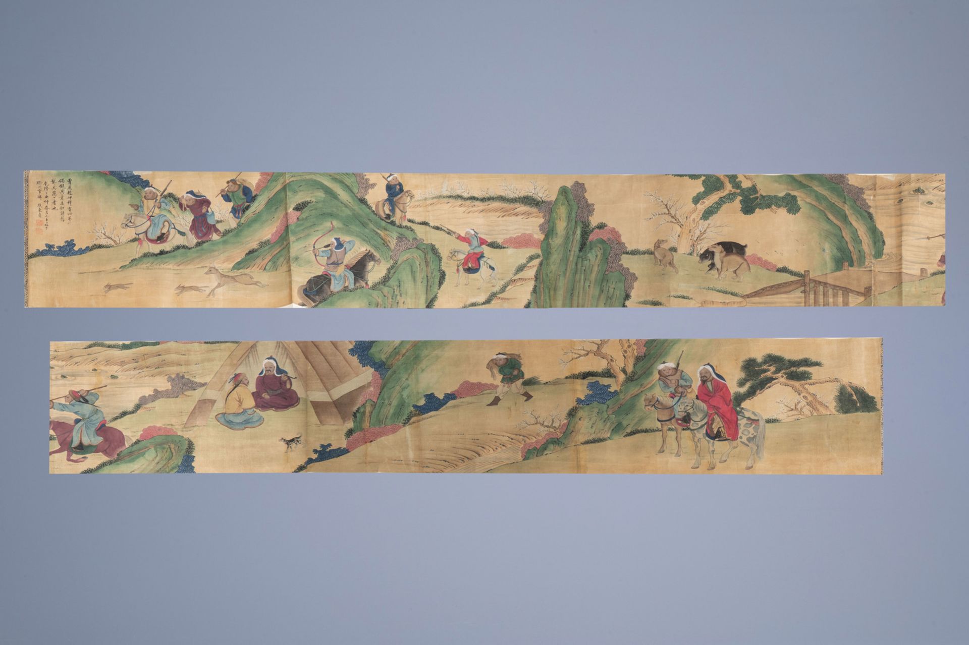 Chinese school, ink and colour on paper, 19th/20th C.: A horizontal hunting scene