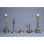 Five various brass and bronze candlesticks, the Netherlands, 16th C. and later