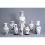 Seven various Chinese famille rose vases and a Shou Lao figure, 20th C.