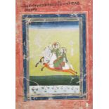 Jaipur school, India, ink and colour on paper: A miniature with two figures on horseback, 18th/19th