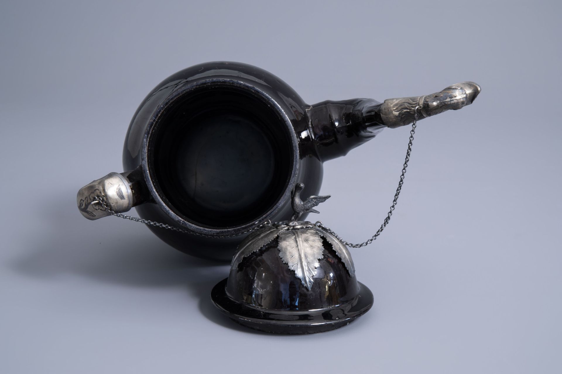 Two large silver mounted Namur black glazed pottery coffee pots, 18th C. - Image 10 of 10