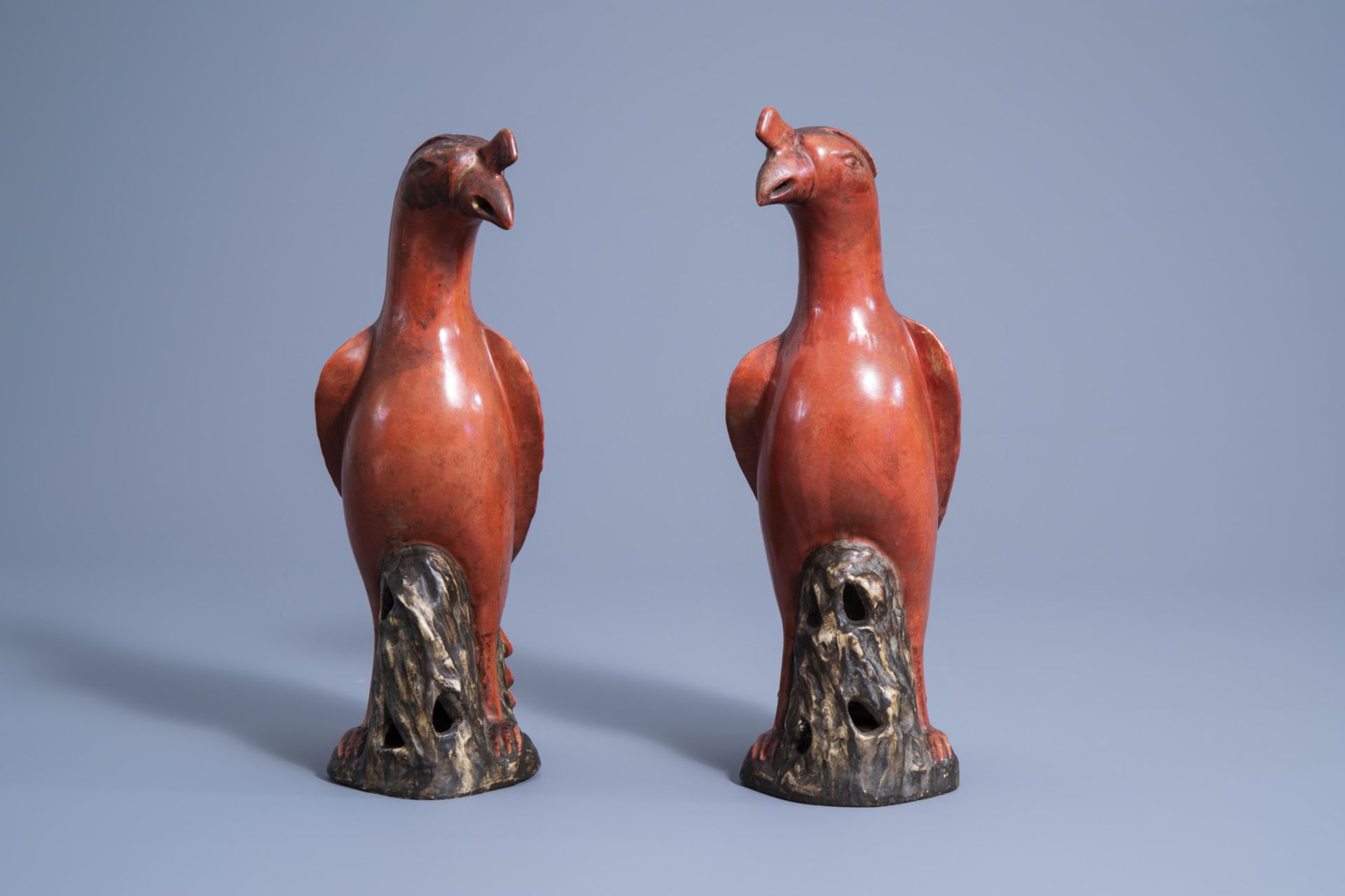 A pair of Chinese coral red and brown models of parrots, 20th C. - Image 5 of 7