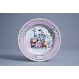A Chinese famille rose 'ruby back' plate in Yongzheng style, 20th C.