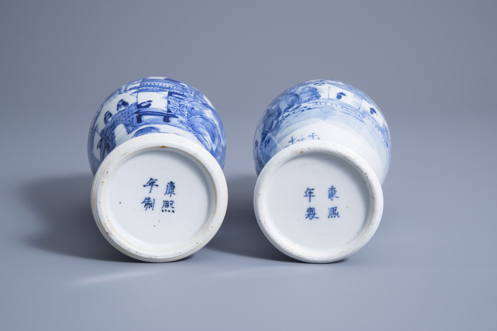 Two Chinese blue and white baluster vases with figures in a river landscape, Kangxi mark, 19th C. - Image 6 of 7