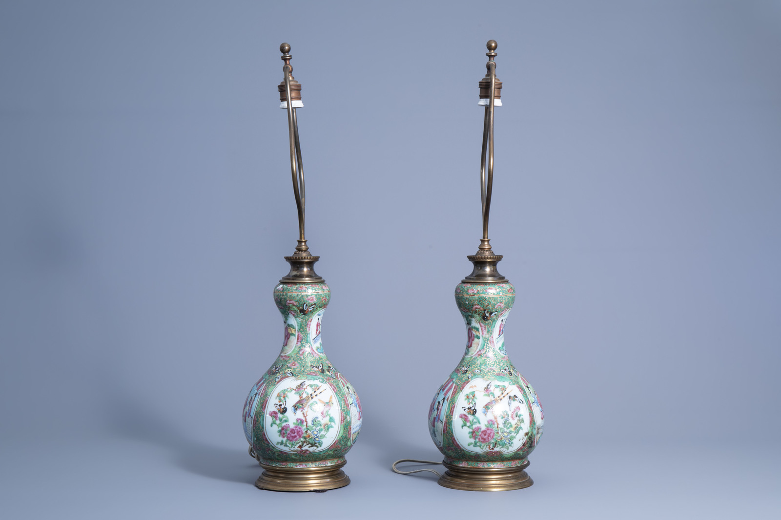A pair of Chinese Canton famille rose double gourd vases mounted as lamps, 19th C. - Image 3 of 7