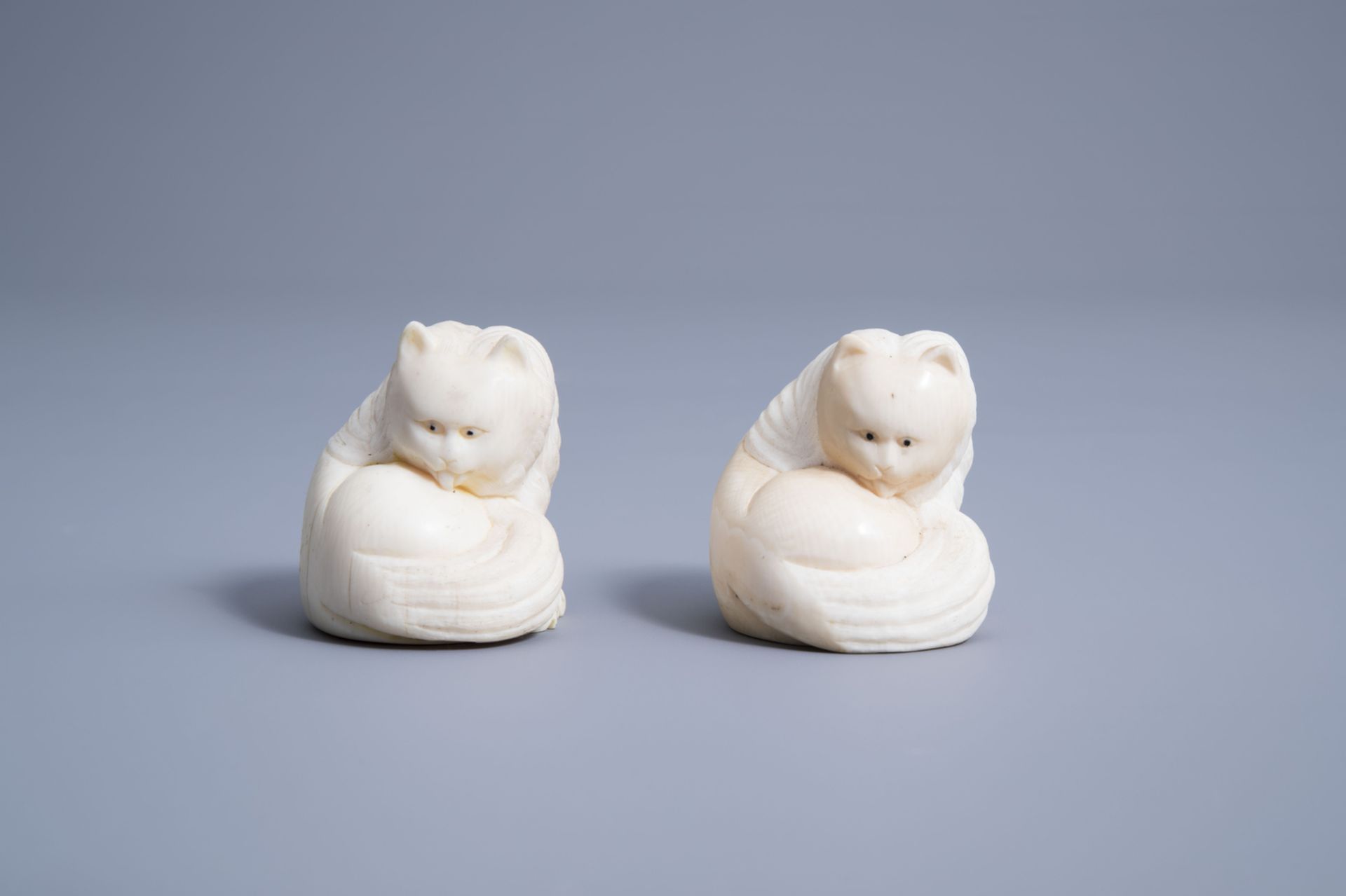 A pair of signed Japanese ivory ikomono of cats, Meiji/Showa, 19th/20th C. - Image 2 of 7