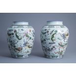 A pair of Chinese famille rose vases with Buddhist lions, 20th C.