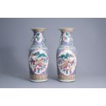 A pair of Chinese famille rose 'warrior' vases, 19th C.