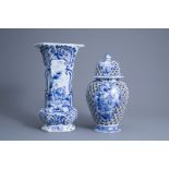 Two various large Dutch Delft blue and white vases with romantic scenes and a landscape, 19th C.