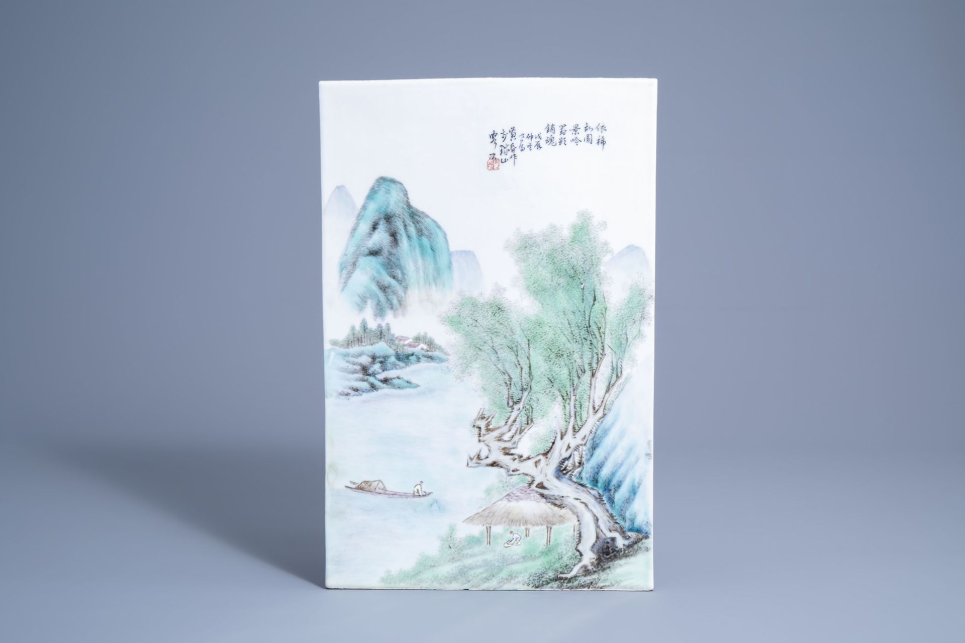 A Chinese qianjiang cai plaque with a river landscape, 20th C.
