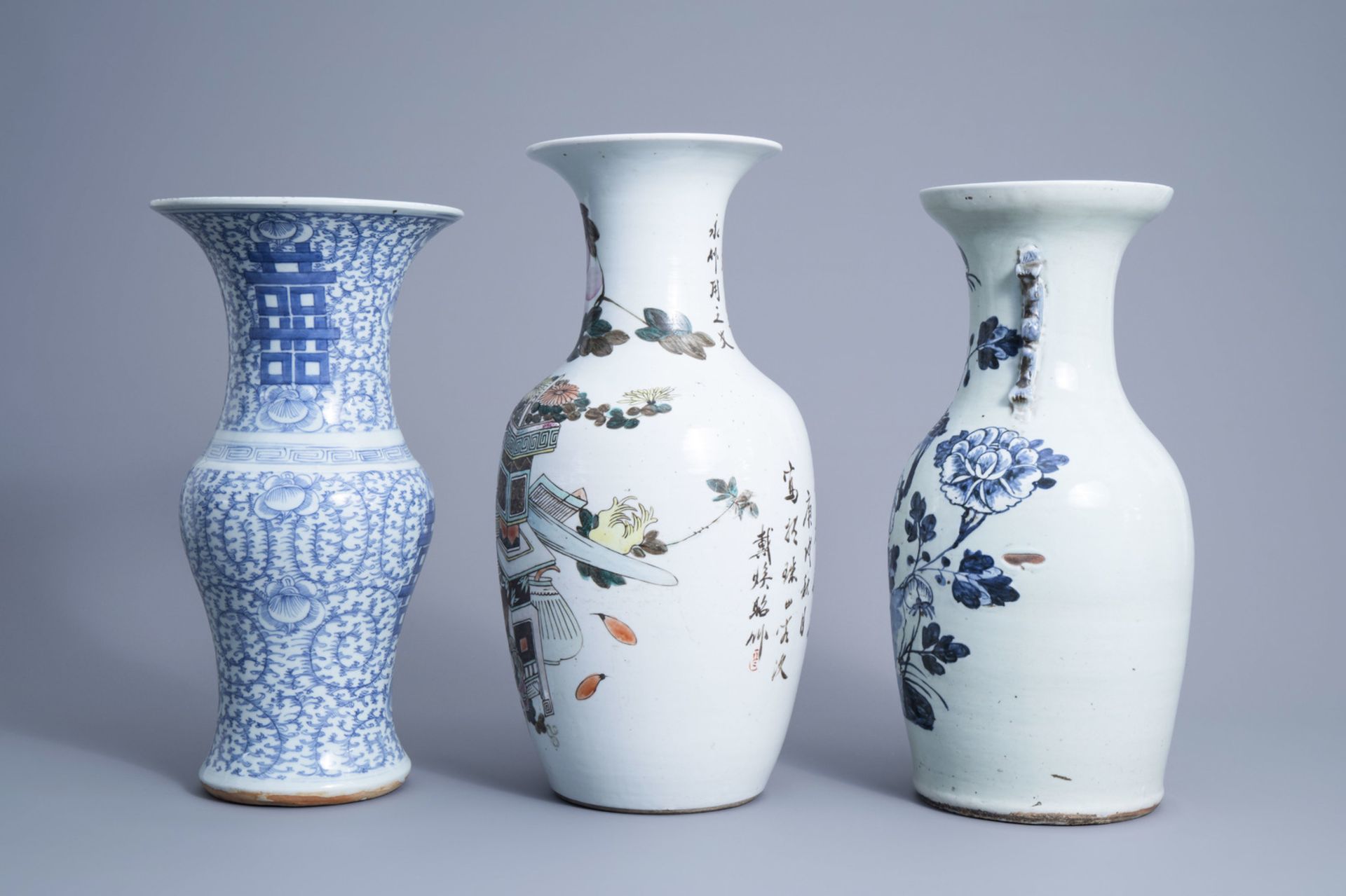 Three various Chinese blue, white and qianjiang cai vases, 19th/20th C. - Image 4 of 6