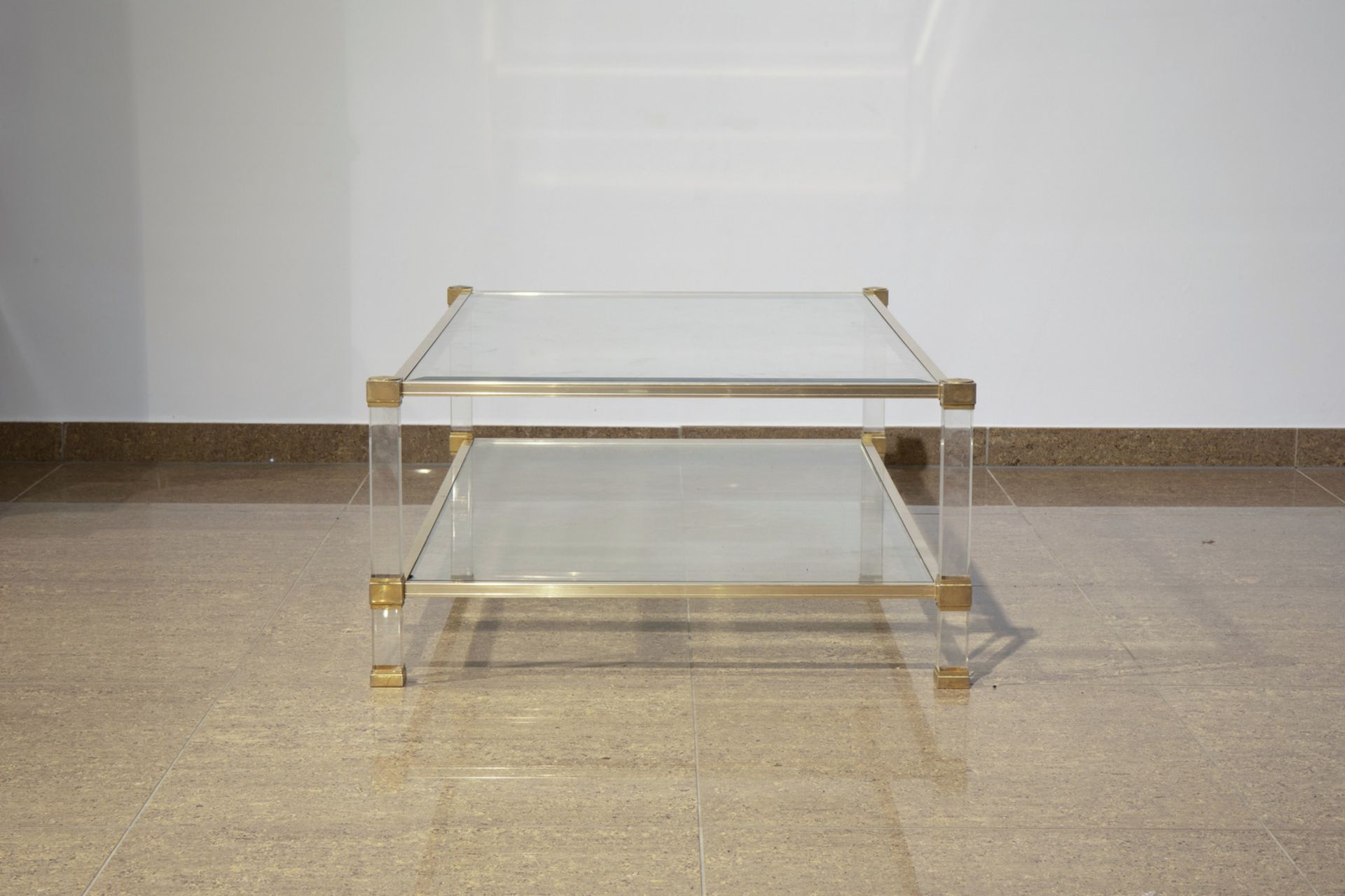 A Pierre Vandel brass and bevelled glass coffee table with lucite legs, France, 1970's - Image 3 of 7