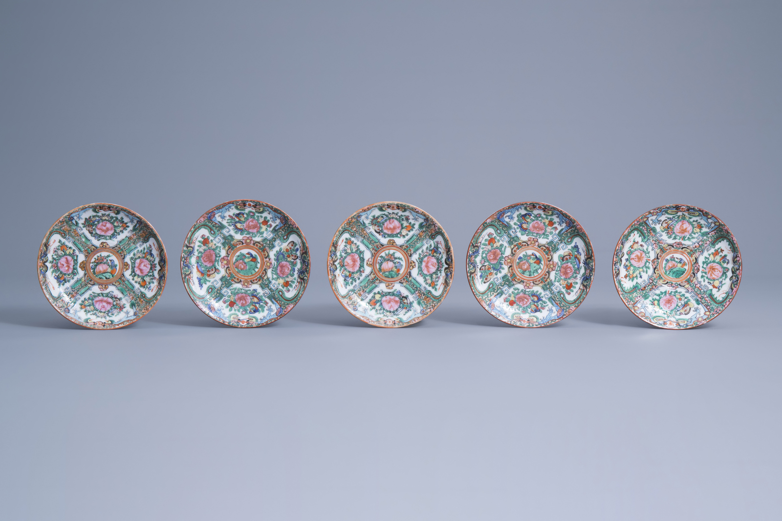 Four Chinese Canton famille rose cups, five saucers, two spoons and a wooden tray with inlay, 20th C - Image 2 of 17