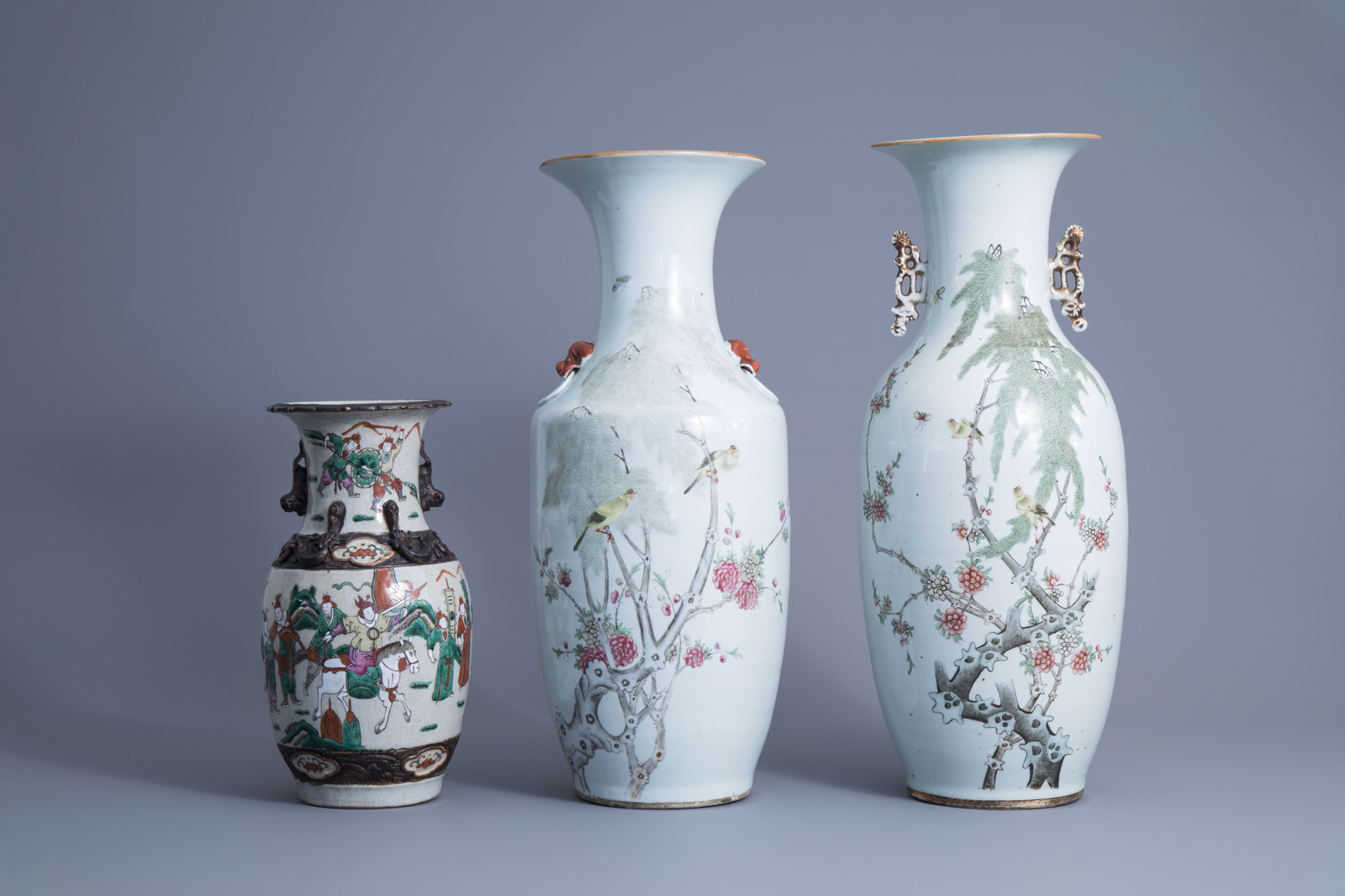 Three Chinese qianjiang cai vases with birds among blossoming branches and a Nanking crackle glazed - Image 9 of 15