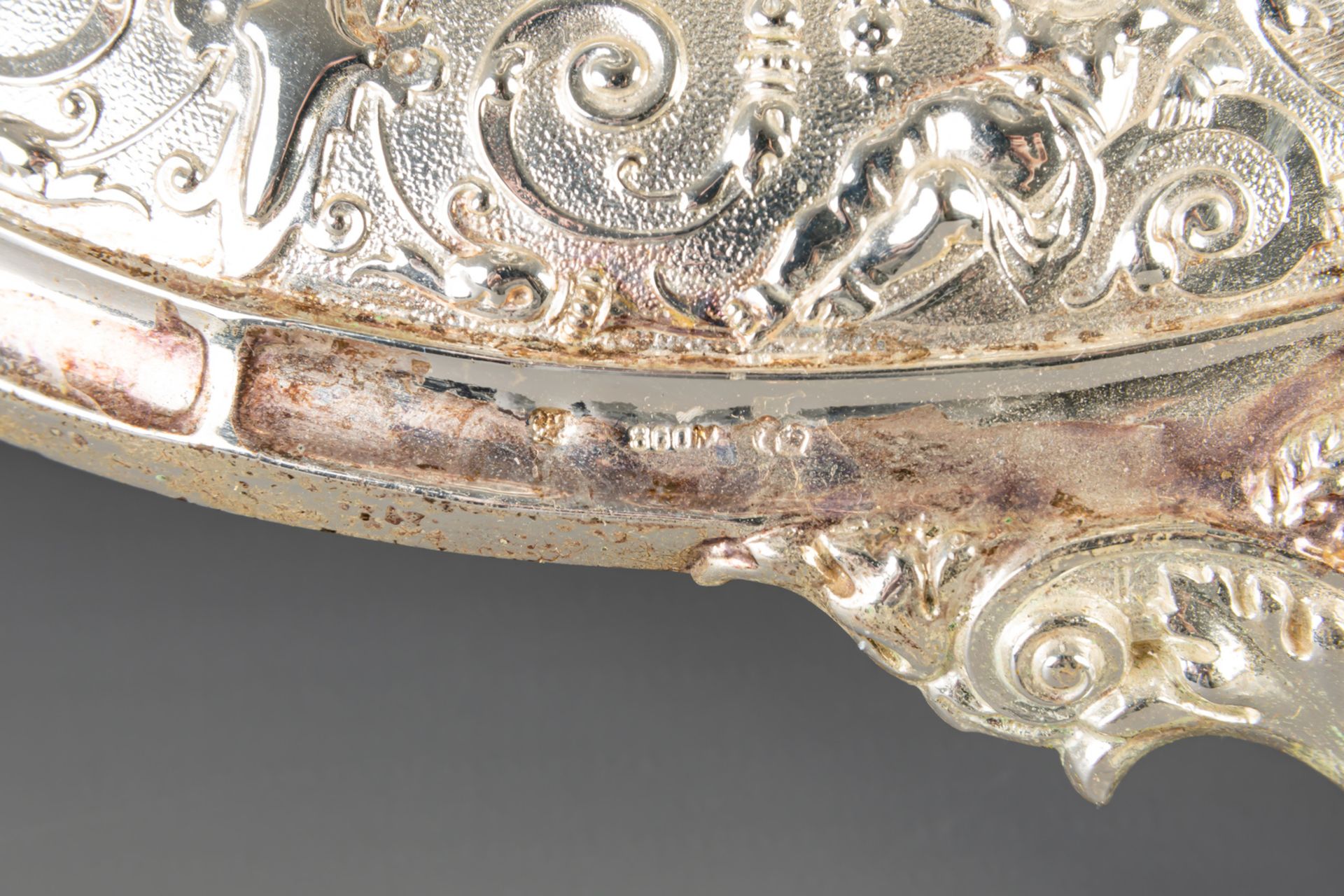 A German silver figural centerpiece with a nobleman and a greyhound during the hunt, 800/000, 19th C - Image 7 of 7