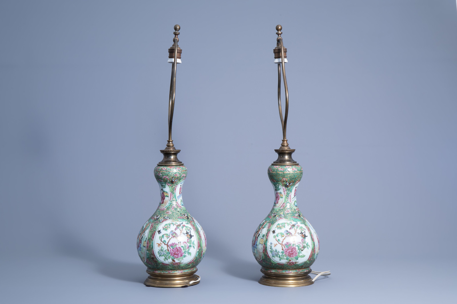 A pair of Chinese Canton famille rose double gourd vases mounted as lamps, 19th C. - Image 5 of 7