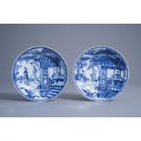 A pair of Chinese blue and white 'Romance of the Western Chamber' plates, Yongzheng
