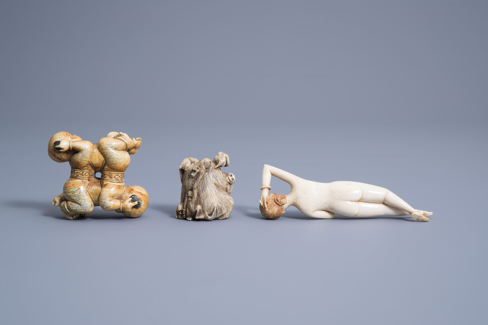 A Chinese ivory doctor's lady, a model of a lady, a pair of 'Hoho' brothers and a group of monkeys, - Image 10 of 13