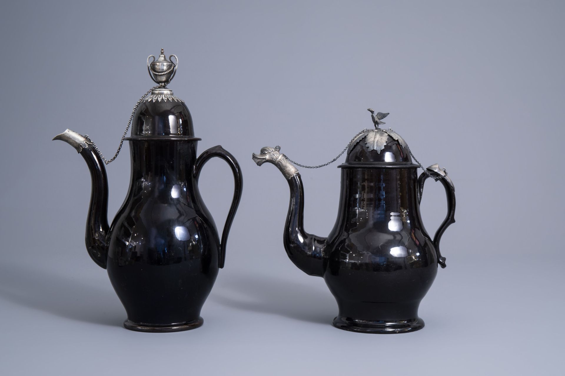 Two large silver mounted Namur black glazed pottery coffee pots, 18th C. - Image 4 of 10