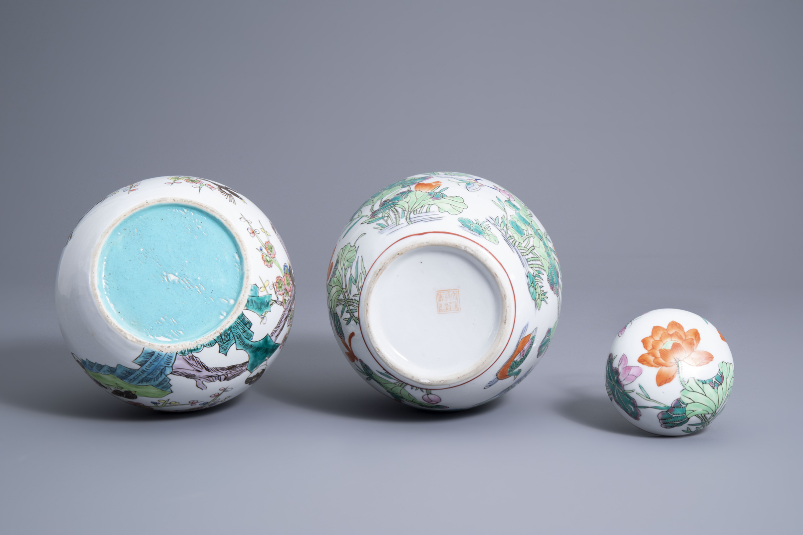 Four various Chinese famille rose and grisaille vases and a jar and cover with birds among flowering - Image 13 of 13