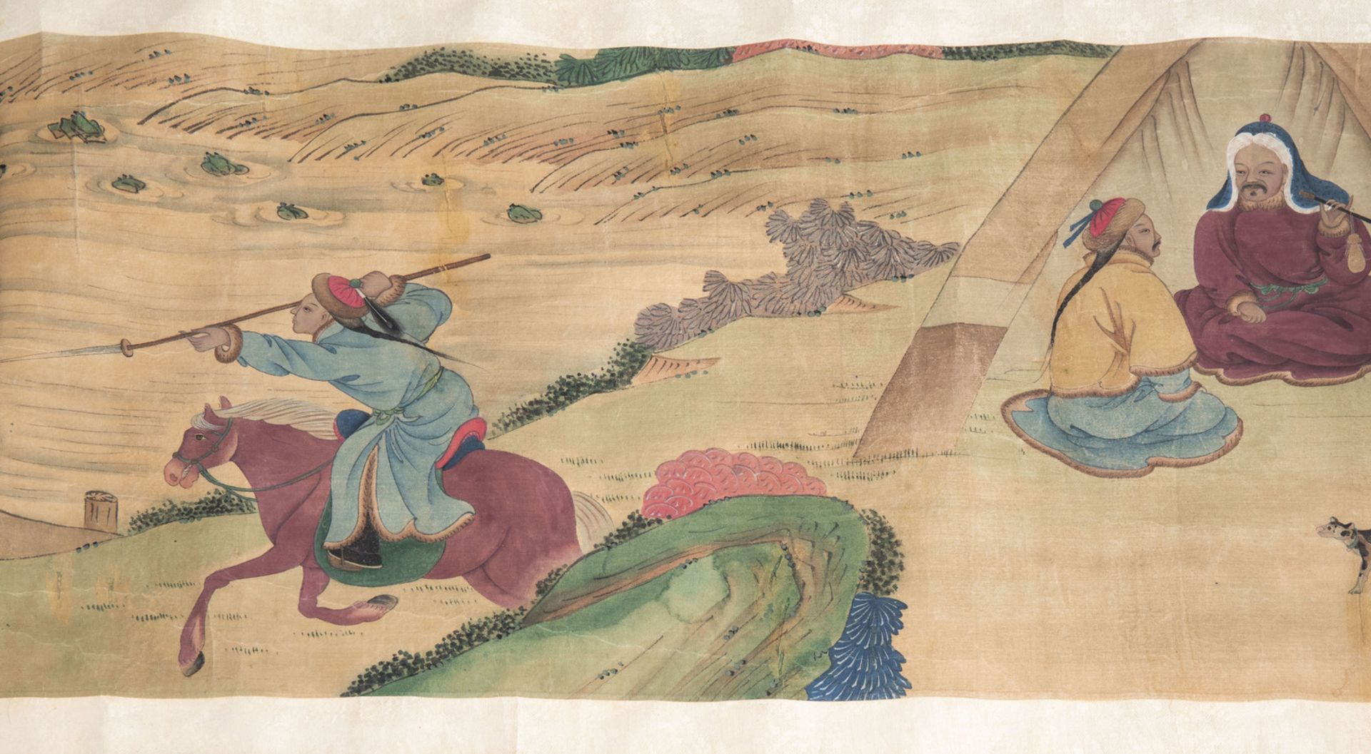 Chinese school, ink and colour on paper, 19th/20th C.: A horizontal hunting scene - Image 9 of 12
