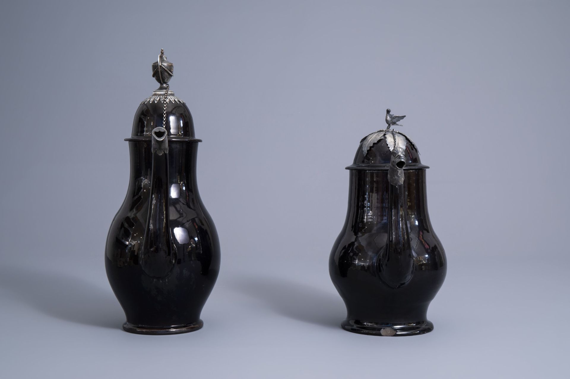 Two large silver mounted Namur black glazed pottery coffee pots, 18th C. - Image 5 of 10