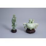 A Chinese jade censer and cover and a figure of a lady, 20th C.