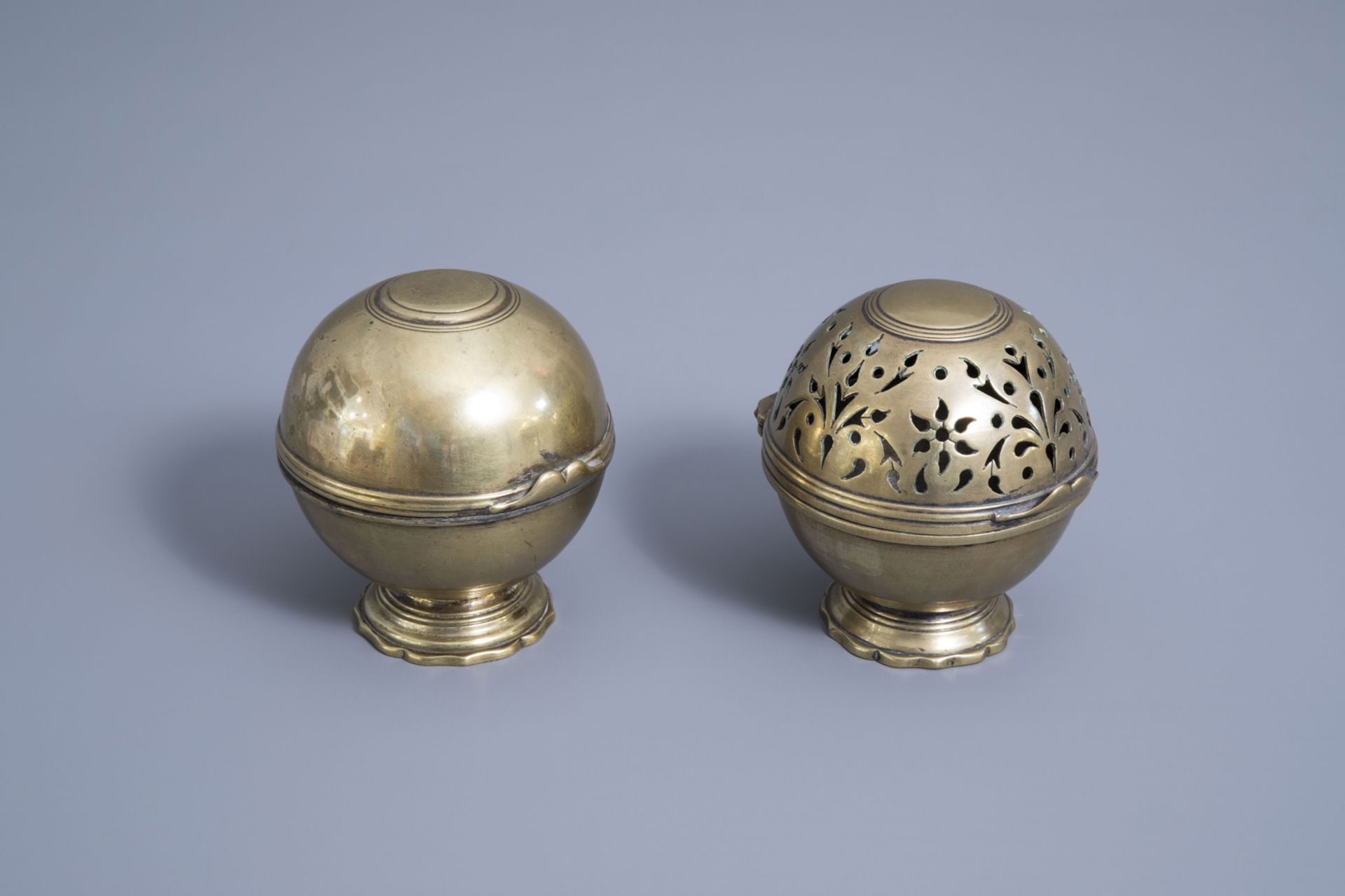 Two French Baroque sphere shaped hand warmers, ca. 1700