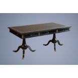 Attributed to Maison Jansen: An ebonised wooden double tripod extending bureau plat desk with leathe