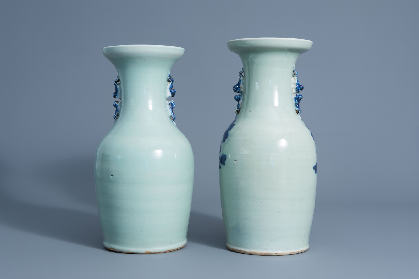 Two Chinese blue and white celadon vases with peacocks on a rock, 19th C. - Image 3 of 6