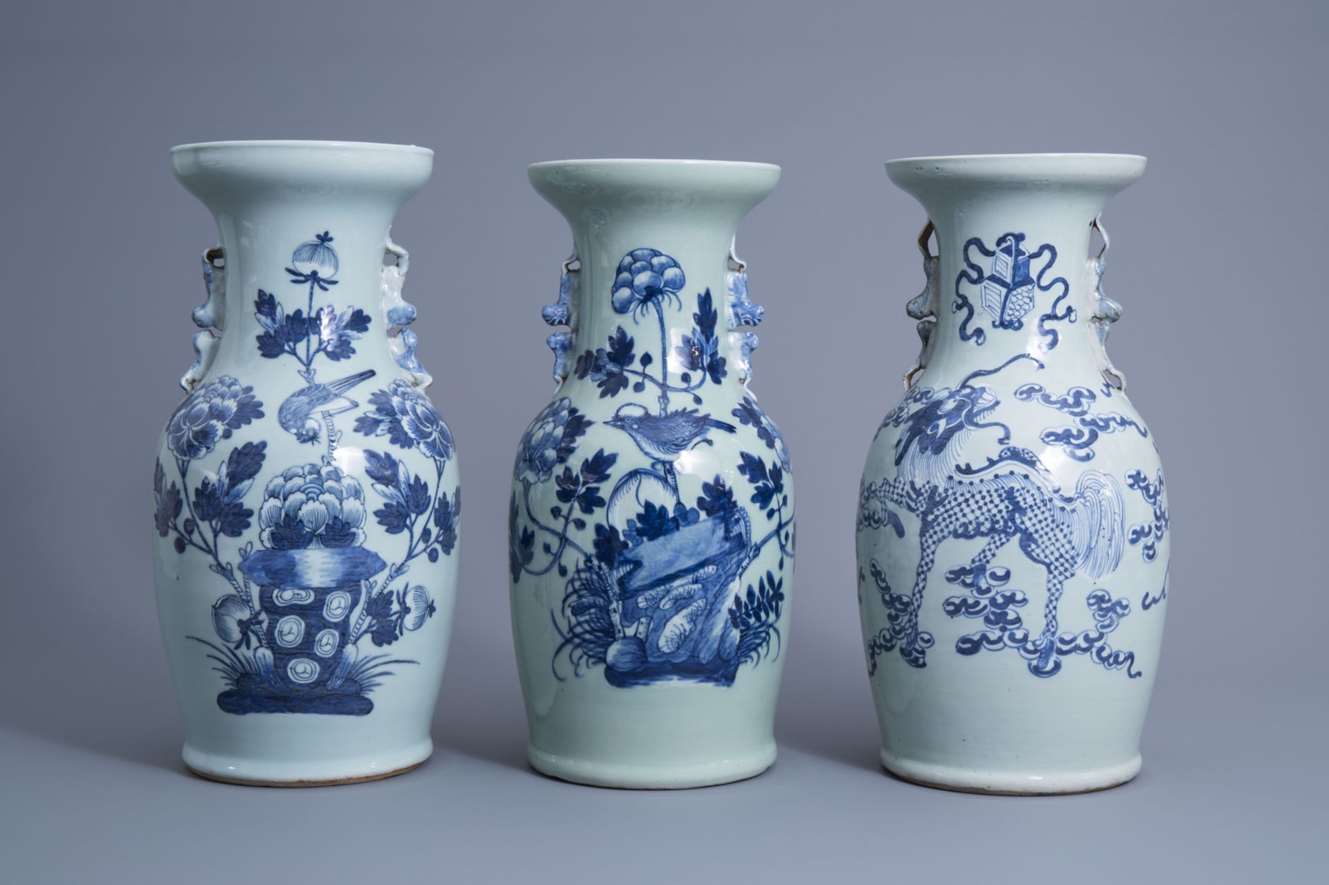 Three various Chinese blue and white celadon ground vases, 19th C.