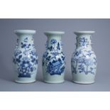 Three various Chinese blue and white celadon ground vases, 19th C.