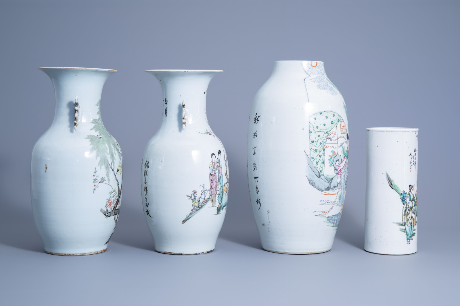 Three various Chinese famille rose vases and a hat stand, 19th/20th C. - Image 2 of 5