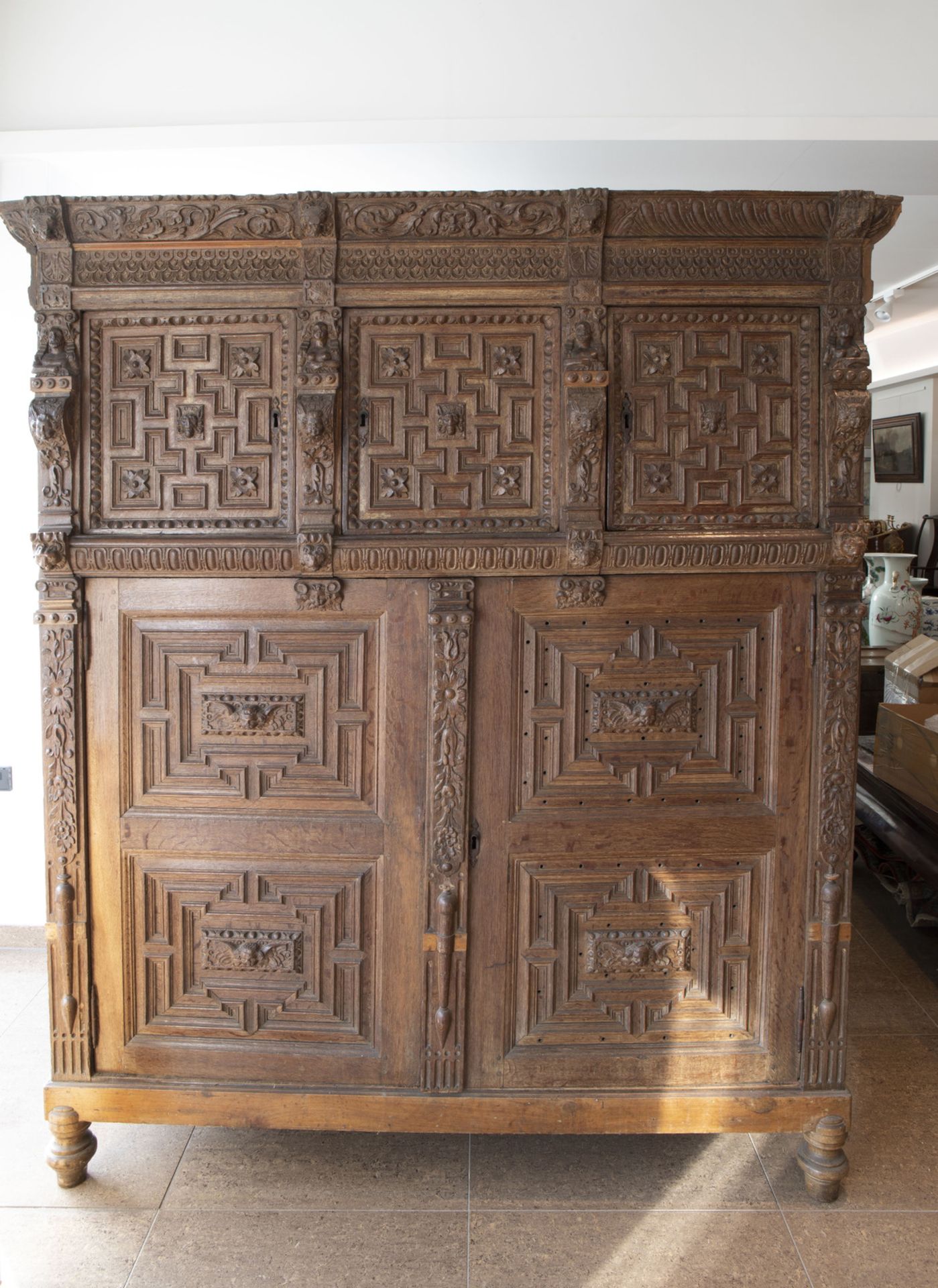 A Flemish wooden Renaissance five-door cupboard with figures, lion heads and floral design, 17th C. - Image 4 of 7