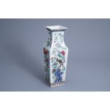 A square Chinese famille rose vase with birds on blossoming branches all around, Kangxi mark, 19th C