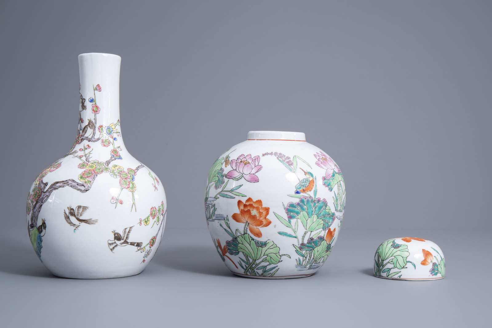 Four various Chinese famille rose and grisaille vases and a jar and cover with birds among flowering - Image 11 of 13