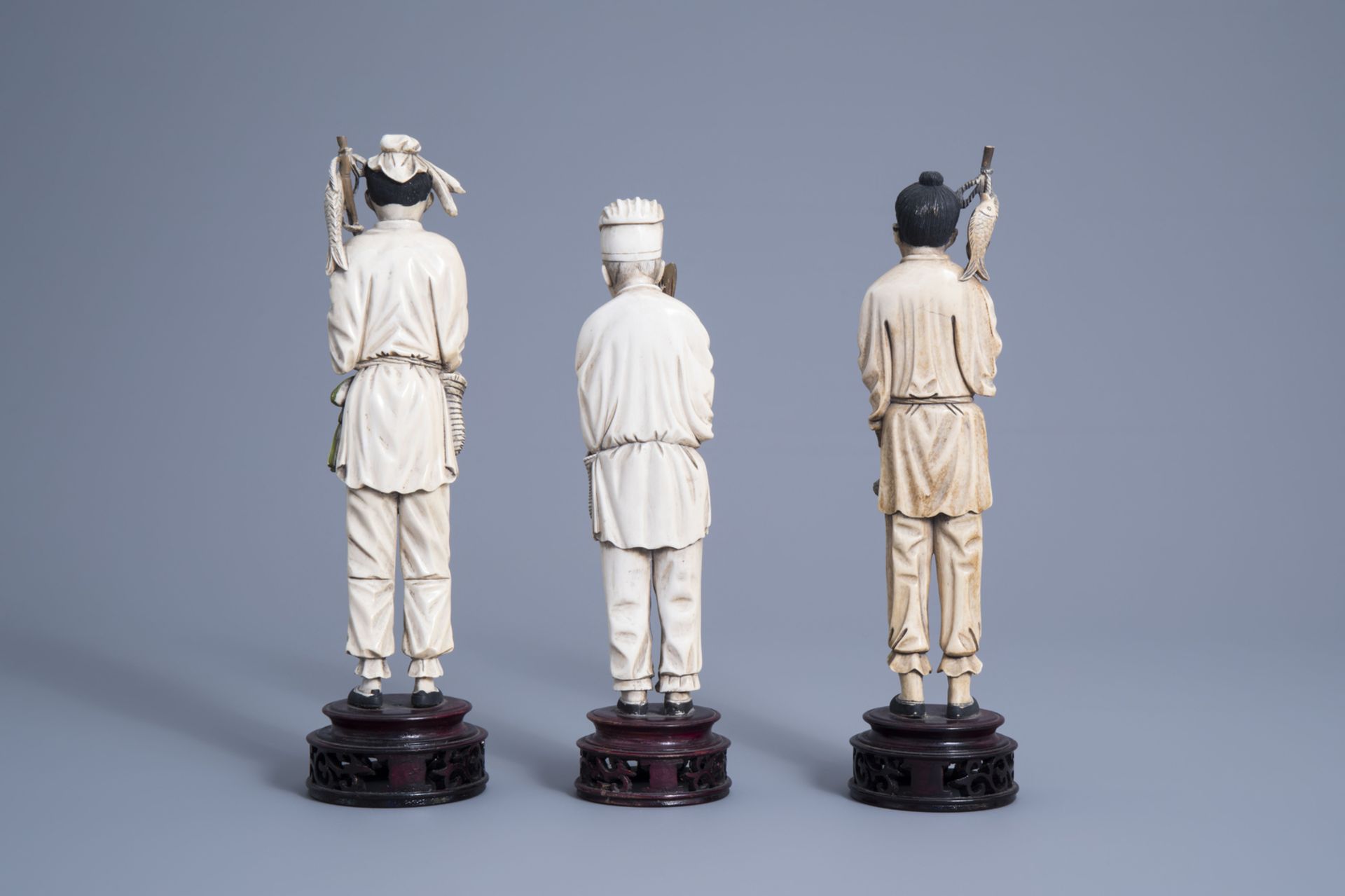 Three Chinese carved ivory figures of fishermen, 19th/20th C. - Image 4 of 7