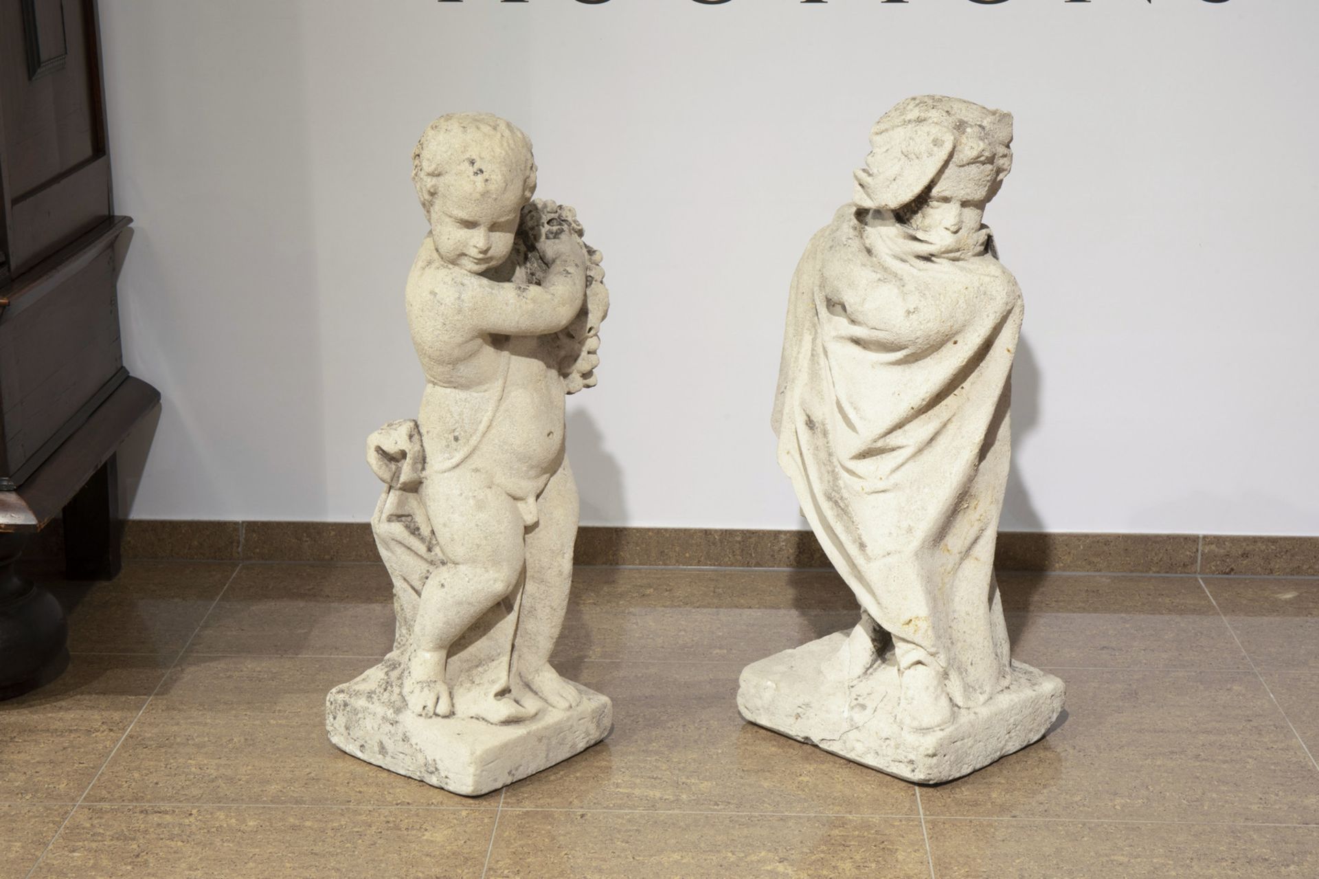 A pair of most probably French limestone garden statues depicting autumn and winter, 18th C. - Image 2 of 9