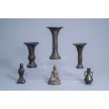 Four Chinese bronze vases and two figures, Ming and later