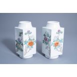 A pair of Chinese famille rose 'cong' vases with floral design, 20th C.