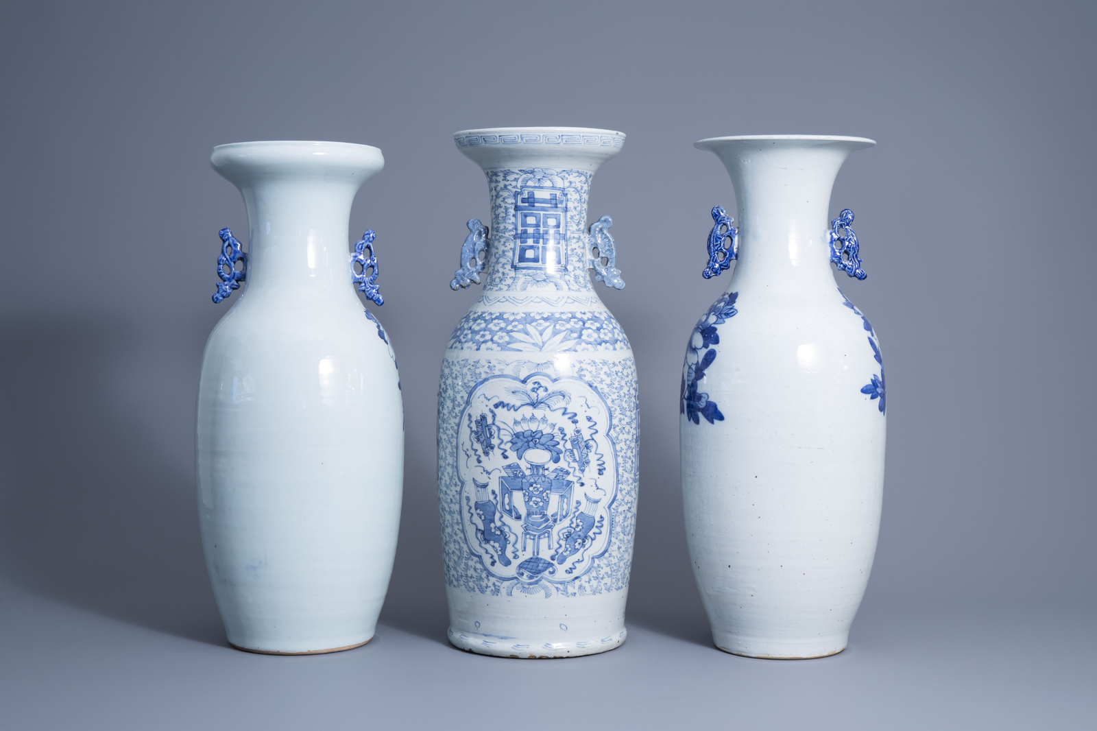 Three various Chinese blue and white and celadon ground vases, 19th/20th C. - Image 3 of 6