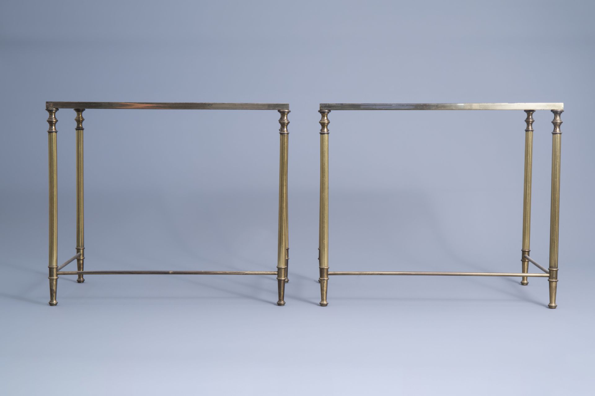 Two sets of three Maison Jansen rectangular gigogne side tables with a glass top, France, 1970's - Image 8 of 19