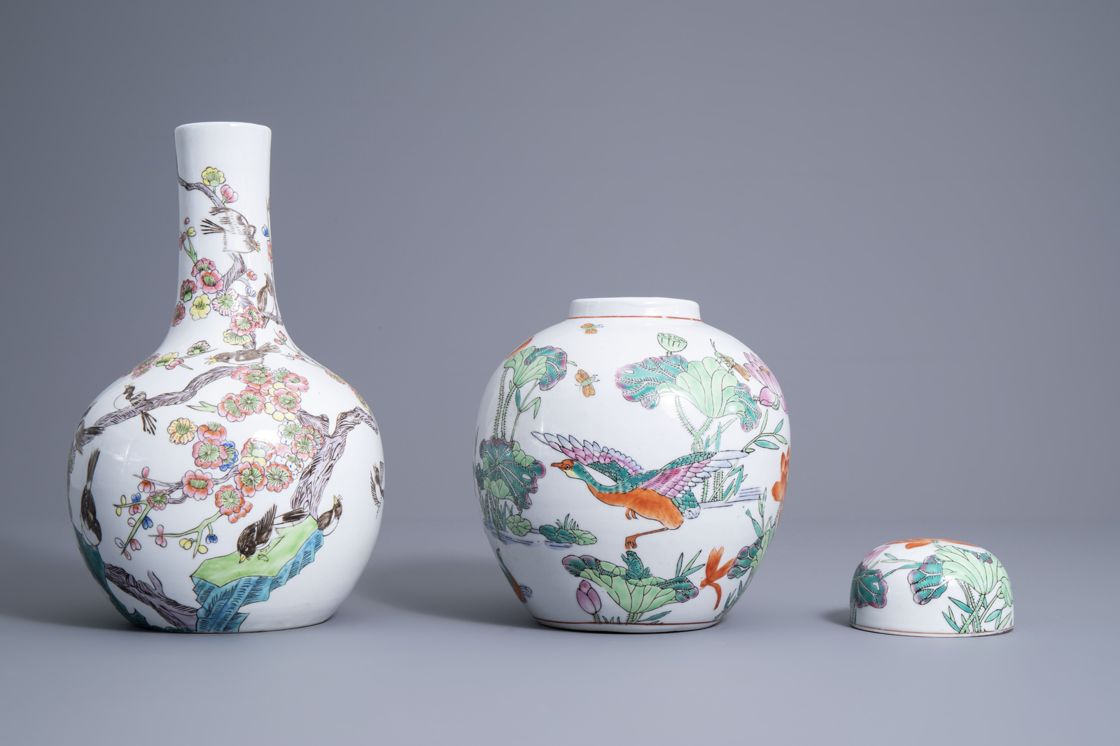 Four various Chinese famille rose and grisaille vases and a jar and cover with birds among flowering - Image 8 of 13