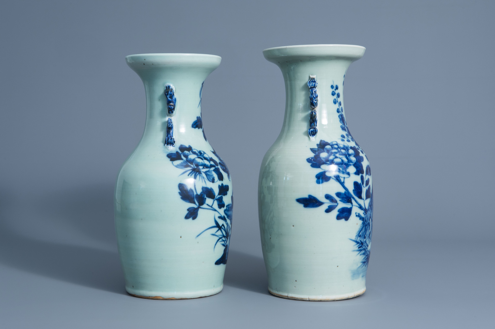 Two Chinese blue and white celadon vases with peacocks on a rock, 19th C. - Image 2 of 6