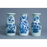 Three Chinese blue and white celadon vases with birds on a branch, 19th C.