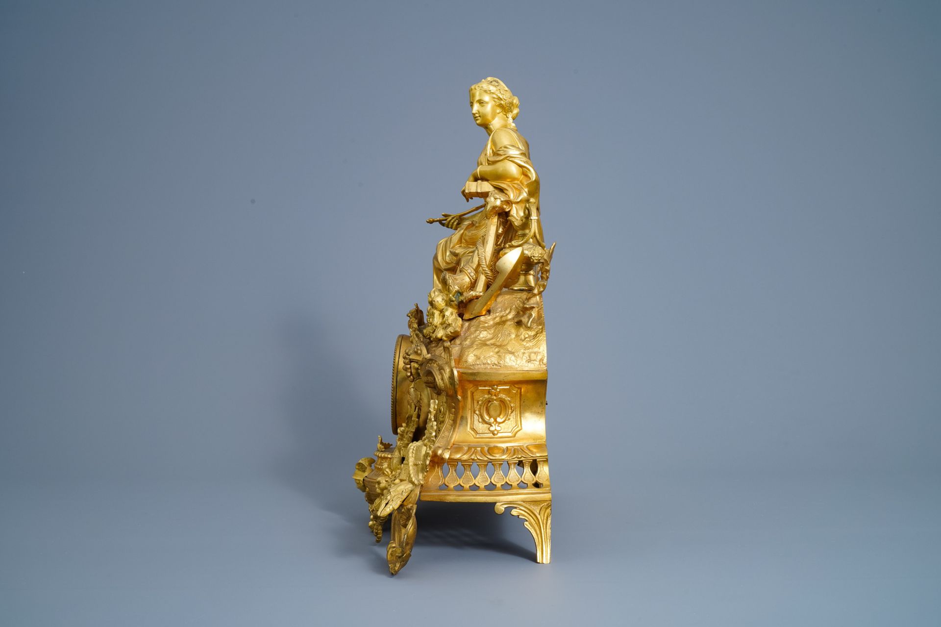 A French gilt bronze three-piece clock garniture with classical theme, 19th C. - Image 3 of 29